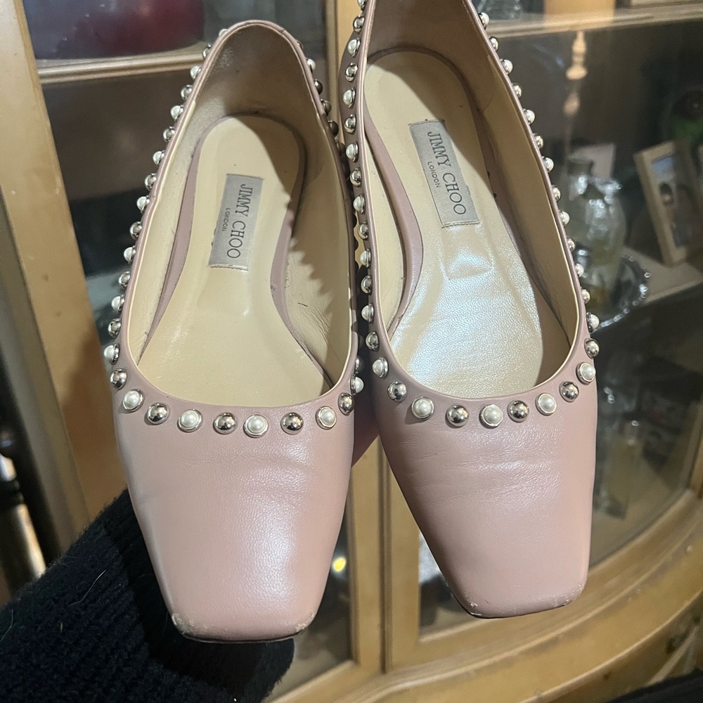 Jimmy Choo Pink Leather Studded Square-Toe Ballet Flats